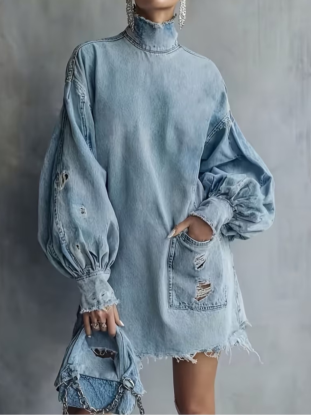 Women'S High-Neck Lantern-Sleeve Ripped Long-Sleeve Denim Dress, Mid-Length